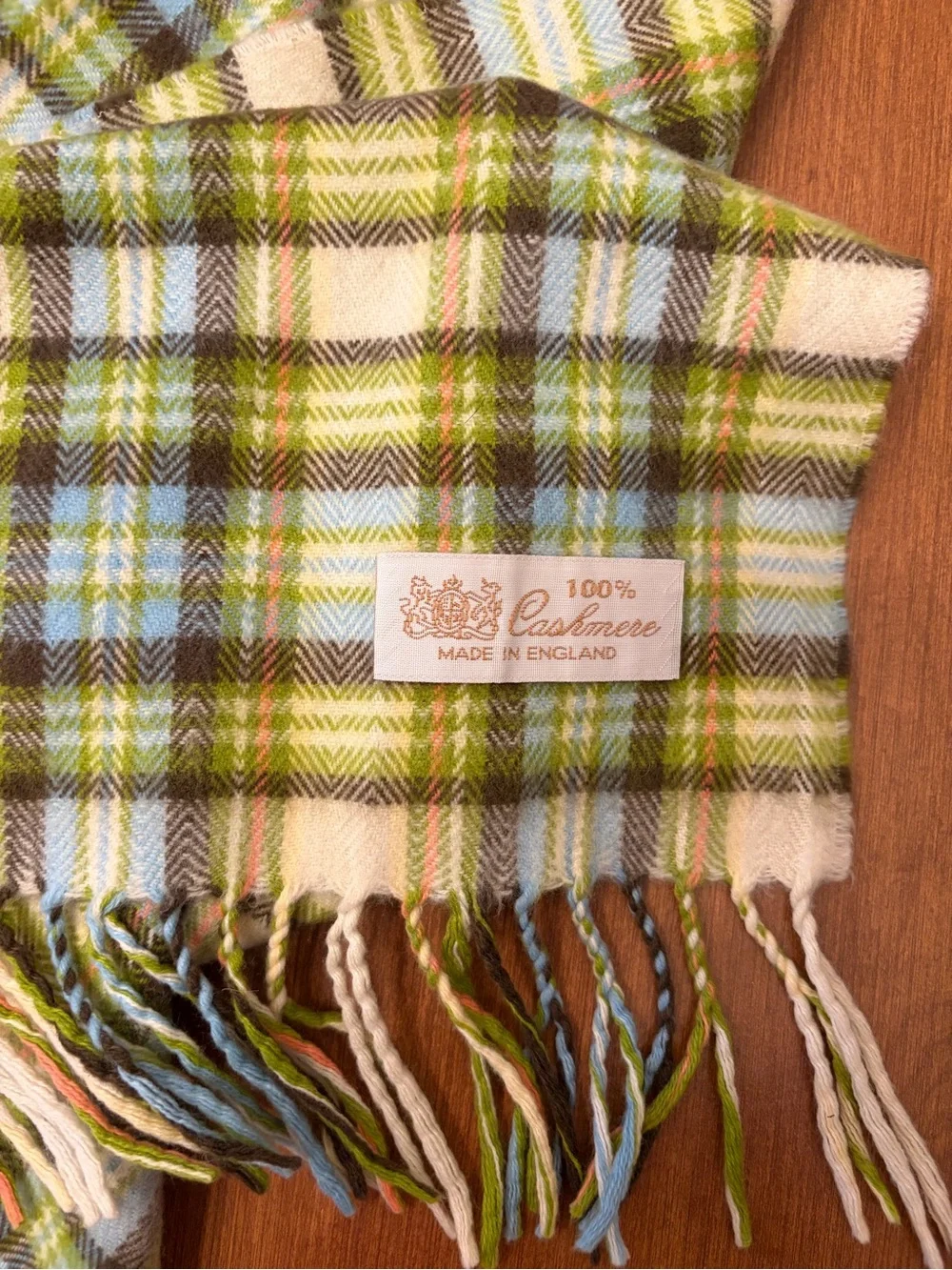 100% Cashmere Vintage Plaid Fringe Scarf in Green, Blue & Cream Made in England